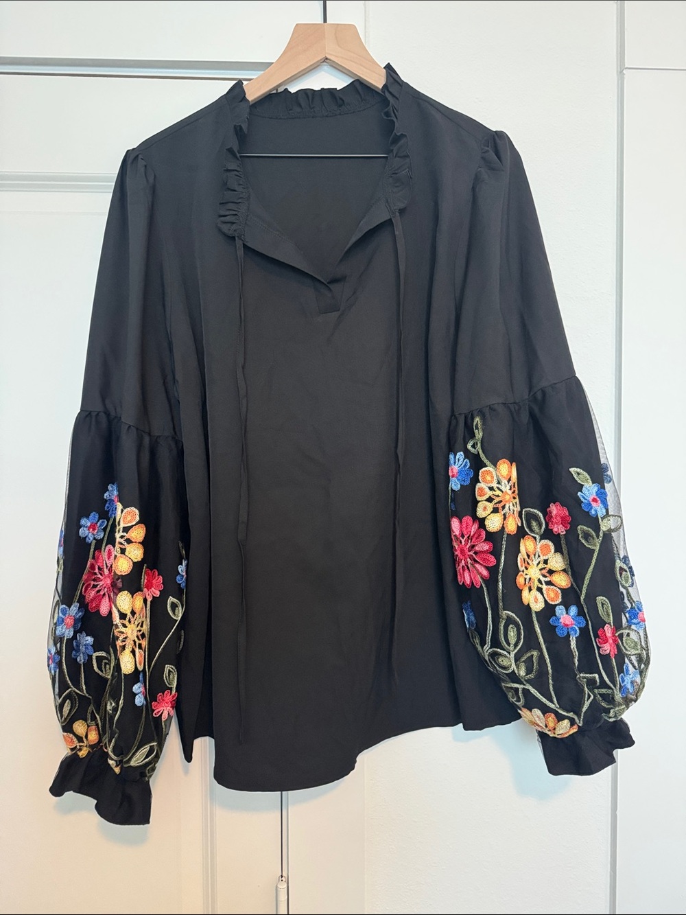 Black Embroidered Balloon Sleeve Women's Top